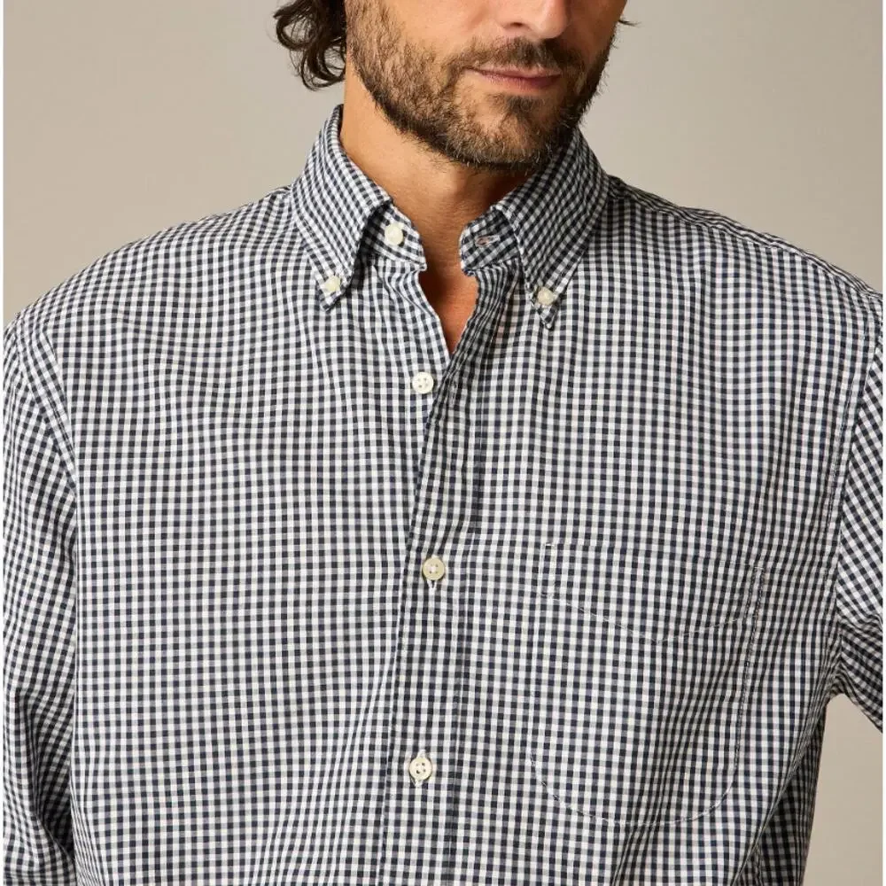 J.Crew Slim Secret Wash Cotton Poplin Shirt Men M Navy White Gingham Button Down
